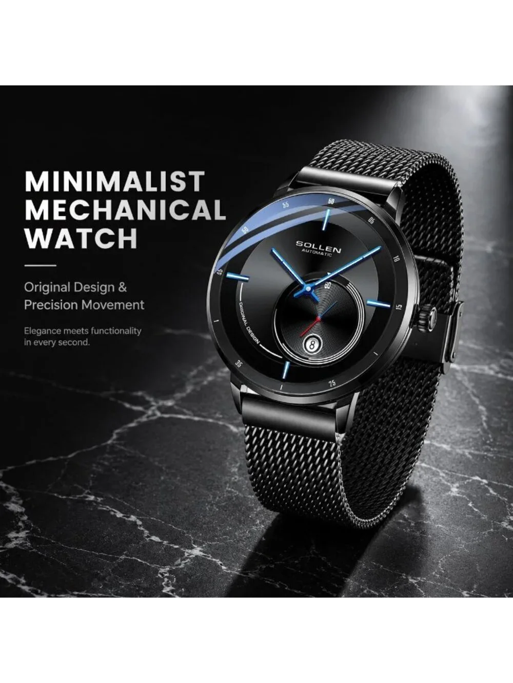 Men's Black Automatic Mechanical Minimalist Dial Stainless Steel Luxury Watch